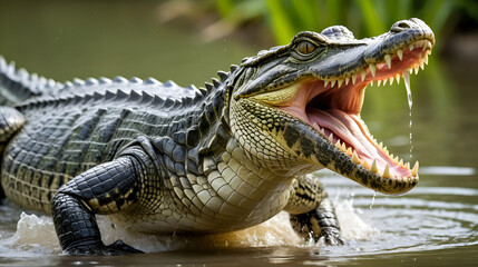 Crocodile ready to jump and attack with open mouth, predator, wildlife, dangerous, reptile, teeth, water, aggressive, ambush