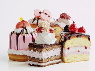 A variety of delicious cakes and pastries arranged on a white background, showcasing their unique textures and colors.