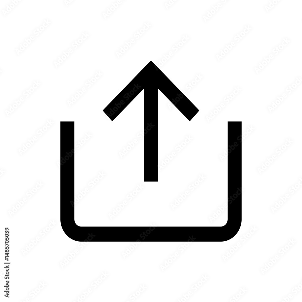 Poster black outlined upload icon with an arrow pointing upwards from an open box on a white background ima