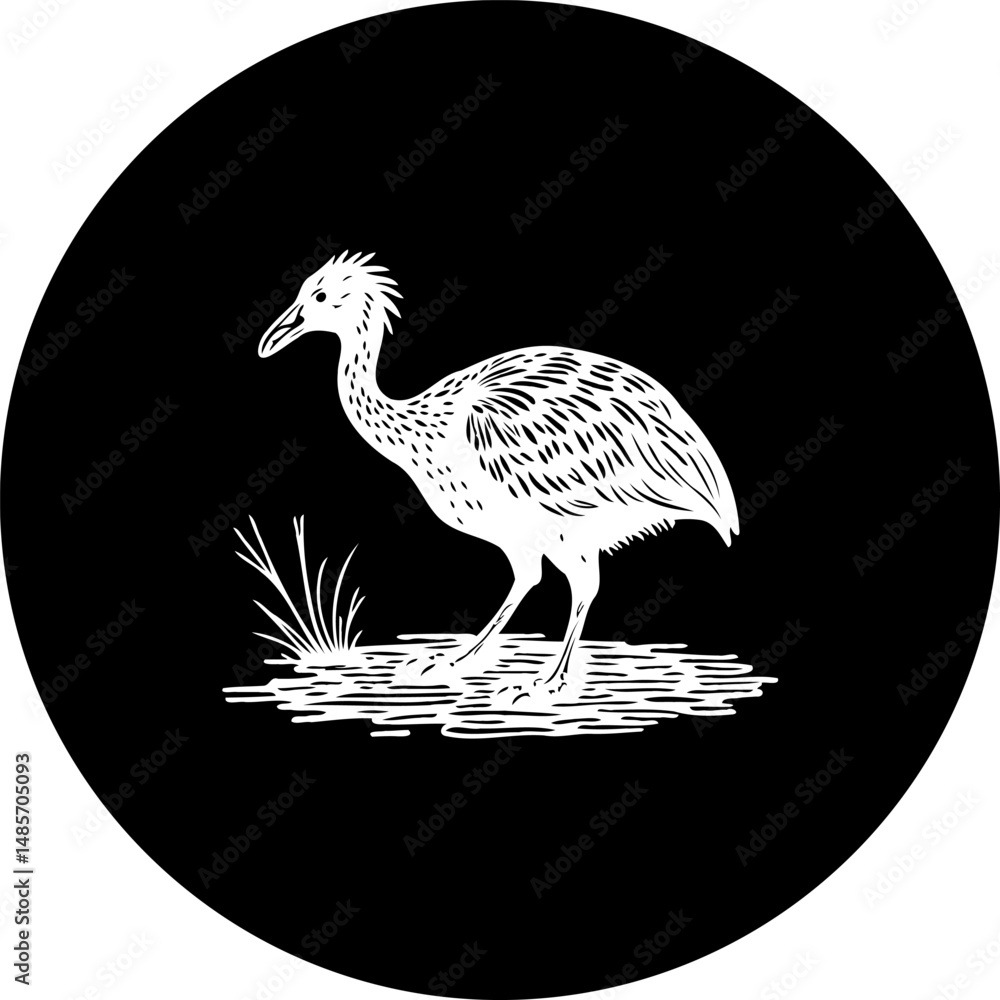 Poster stylized bird illustration on a circular black field, creating a simple design