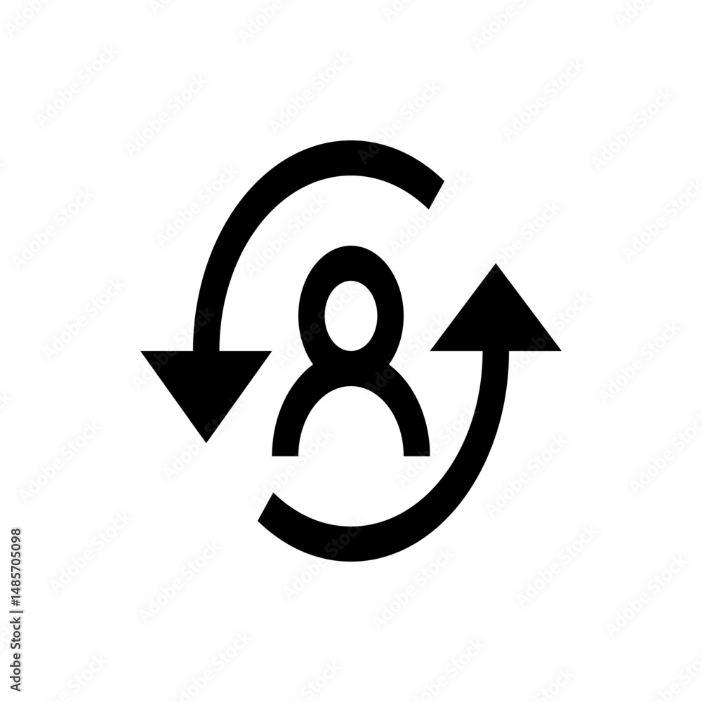 Poster person icon with circular arrows indicating rotation or synchronization process depicted in black an