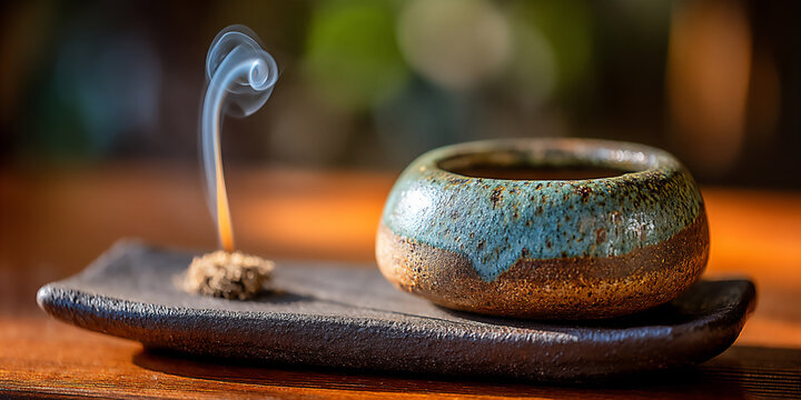 calm image of a traditional japanese tea room with incense gently burning in a censer (koro)
