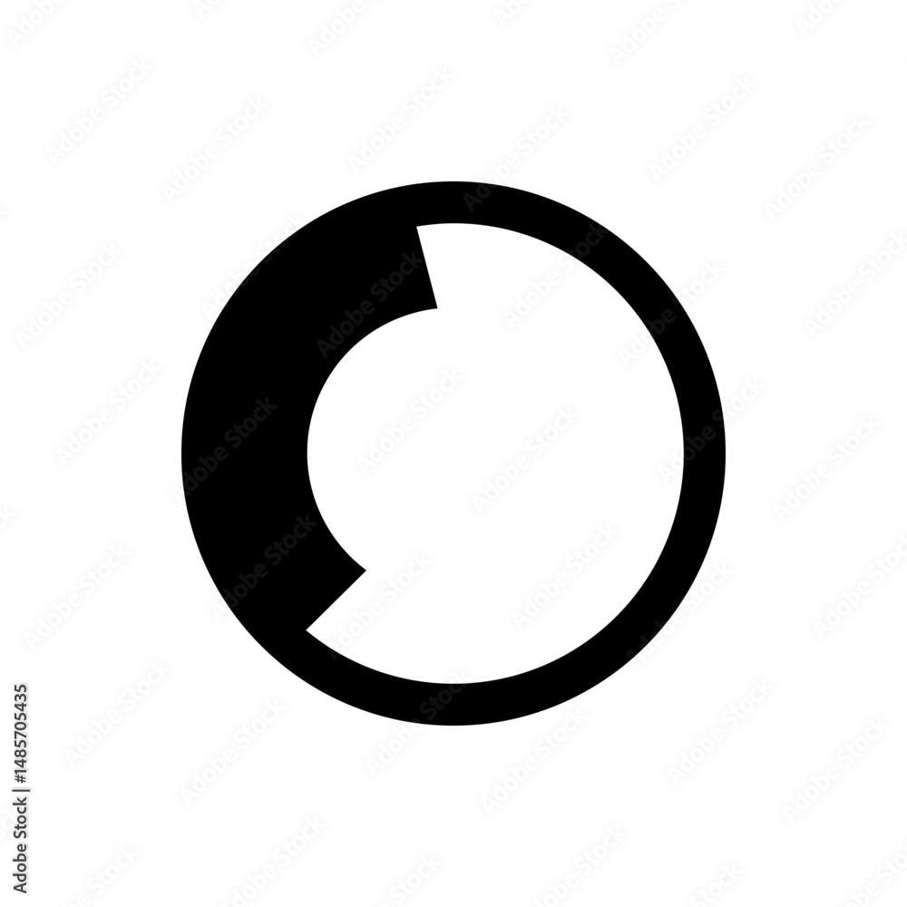 Poster a simple black and white graphic depicting a circular shape with a partial cutout on the left side a