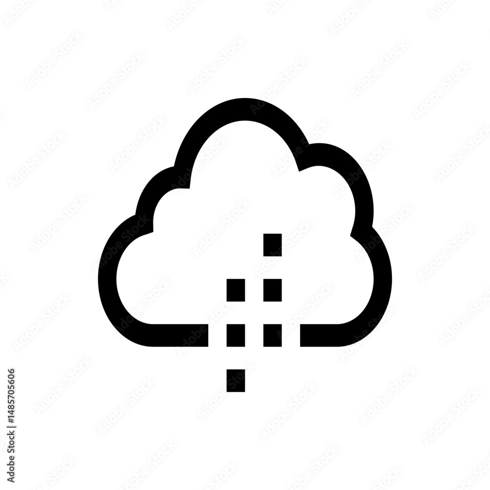 Poster illustration of a cloud with a series of square drops falling from it in a simple black and white de