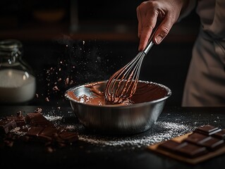 Chef pouring chocolate liquid into a stainless steel bowl with a metal whisk, surrounded by dark and milk chocolate pieces on the table, captured in a close-up shot with professional color grading.  