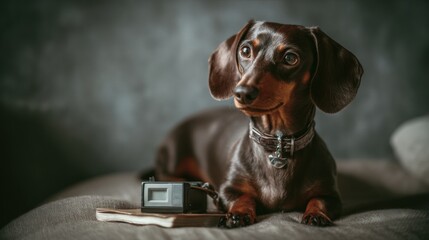 Dachshund with Light Meter on Professional Backdrop in Soft Gray Tones