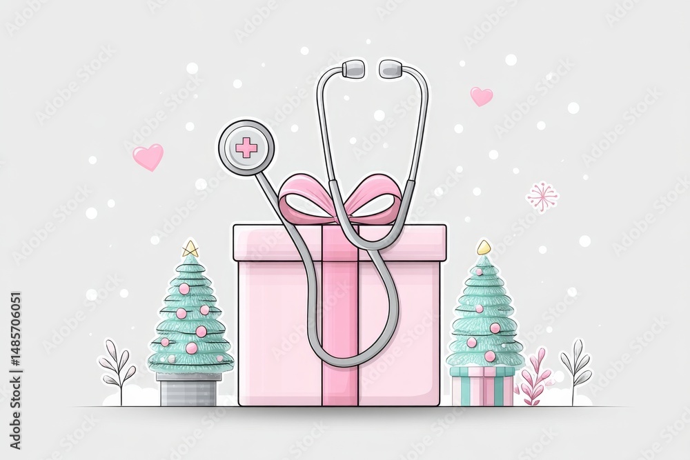 Poster clean graphic of a stethoscope wrapped around a gift with simple line art and soft tones