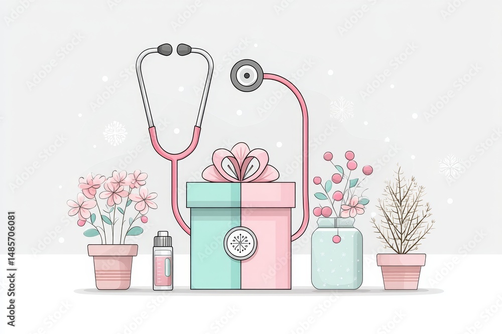 Poster clean graphic of a stethoscope wrapped around a gift with simple line art and soft tones