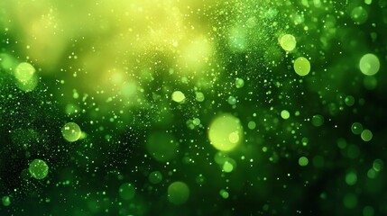Bright and glowing green bokeh lights with scattered particles creating a sparkling and magical atmosphere