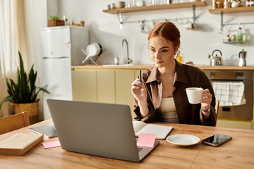 Red haired woman enjoying coffee while working on a laptop in a cozy kitchen setting
