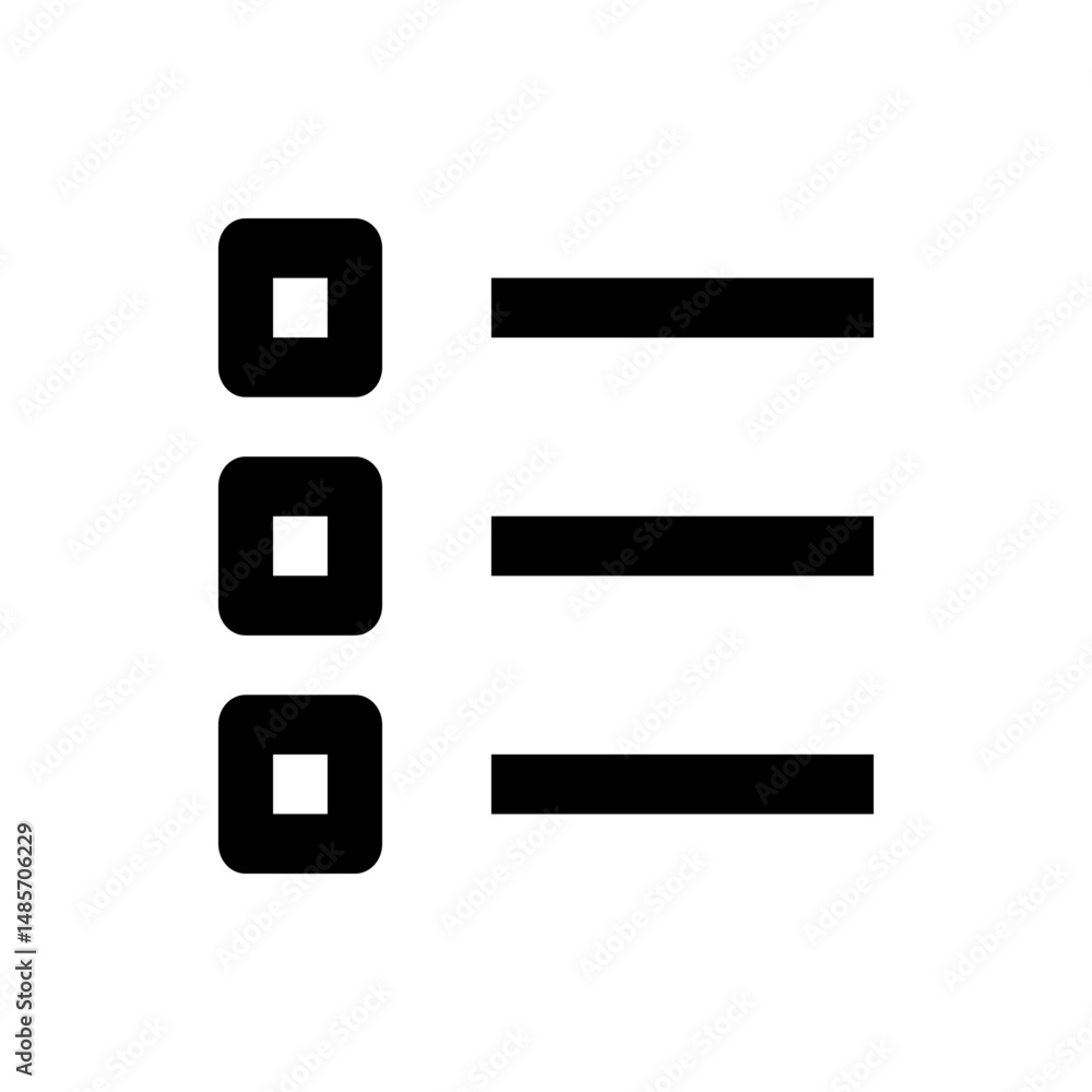 Poster three rounded square icons with smaller squares inside next to three horizontal lines in black color