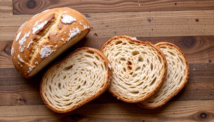 Obraz premium fresh flat lay of sourdough bread on a rustic wood background, with golden and beige hues, natural daylight brightness, organic textures, high resolution
