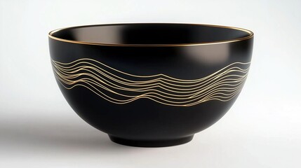 Elegant black bowl with golden wave pattern on white background.