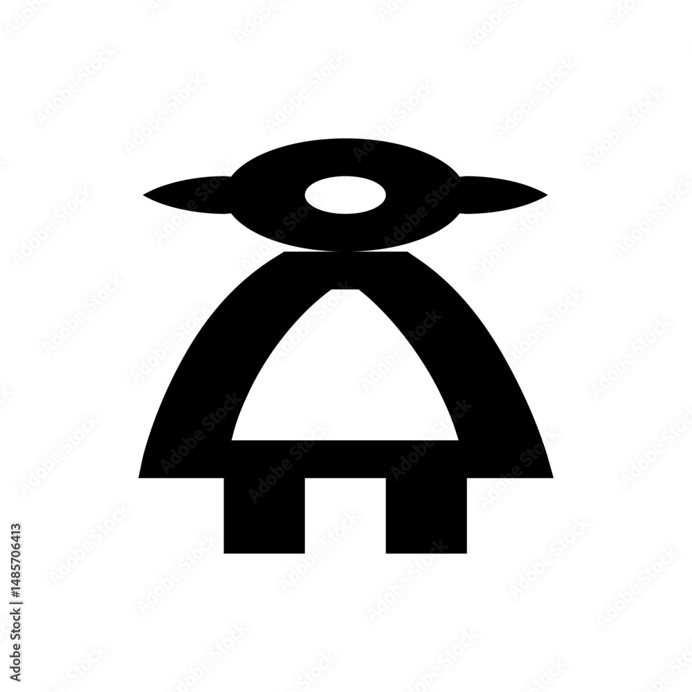 Poster illustration of a stylized figure with a circular head and simple body shape in black on a white bac
