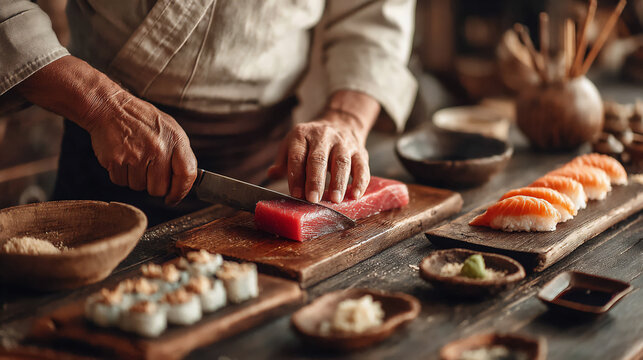 warm and focused food preparation photograph featuring a close-up of a sushi chef preparing sushi by