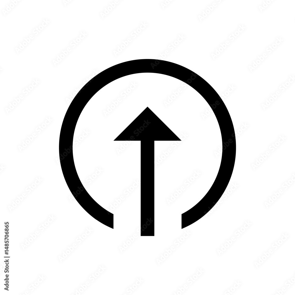 Poster black upward arrow enclosed within a partially complete circle shape on a plain white background vie
