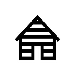 Simple black and white line drawing of a house with a triangular roof and rectangular windows and door