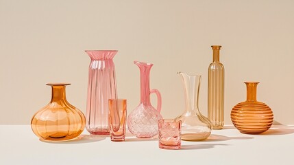 Elegant glassware collection with pink and orange hues on off-white surface.  
