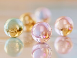 Fototapeta premium Colorful glass marbles on a smooth surface reflecting light in a bright and artistic arrangement showcasing vibrant translucent hues and textures