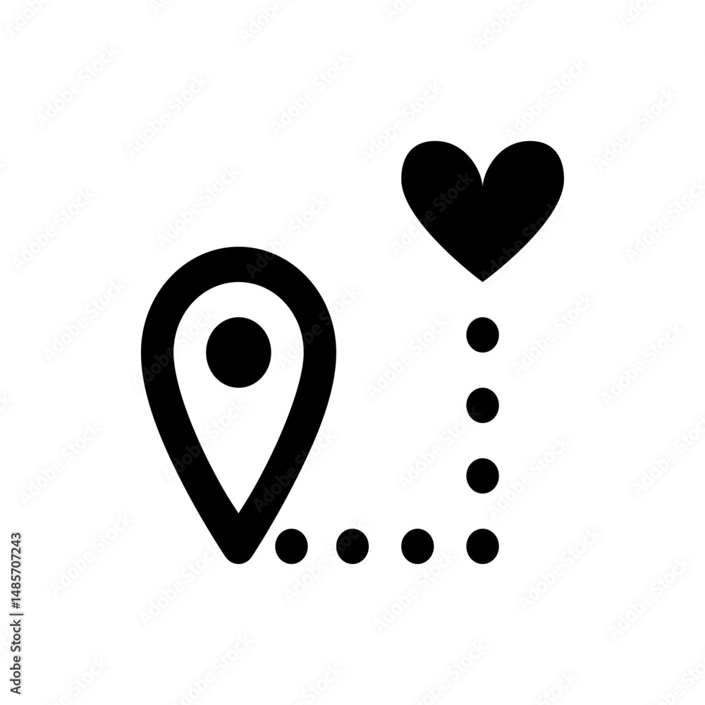 Poster black location pin icon connected with dotted line to a black heart shape on a white background desi