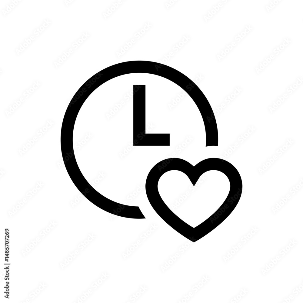 Poster black outline of a clock with an hour hand pointing to one o'clock and a heart shape next to it on t