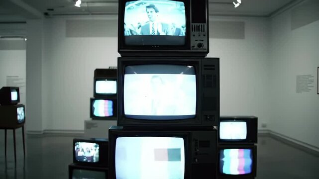 Stack of old vintage retro television screens displaying static test patterns analog signal media concept