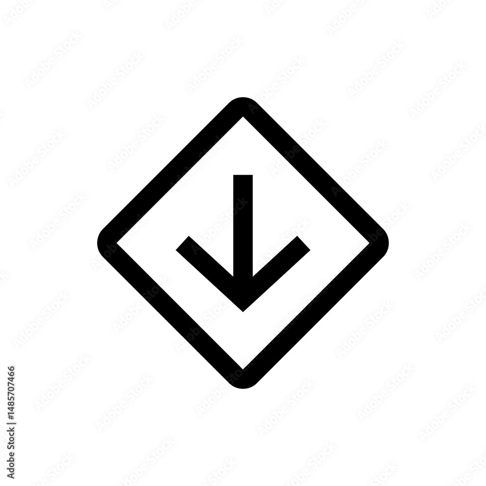 Poster black downward arrow inside a diamond shape with white background representing direction and navigat
