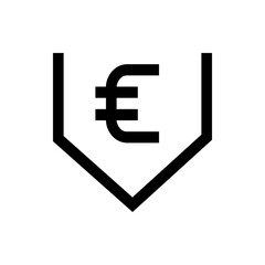 Euro symbol inside a downward pointing chevron shape in black and white minimalist design style vector illustration