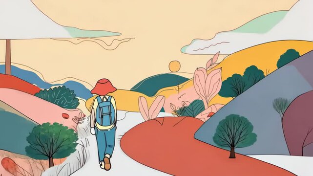 Whimsical illustration animation traveler backpack walking path colorful fantasy landscape journey exploration concept.