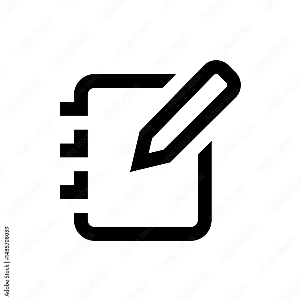 Aufkleber illustration of a notepad with a pencil lying on top of it in a simple black and white design style