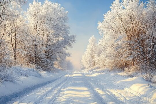 Snow-covered rural road flanked by frost-covered trees glowing under soft sunlight on a clear winter day - Powered by Adobe