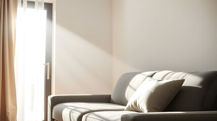 Sunlit dust motes dance in a minimalist living room, illuminating a gray sofa and pillow.