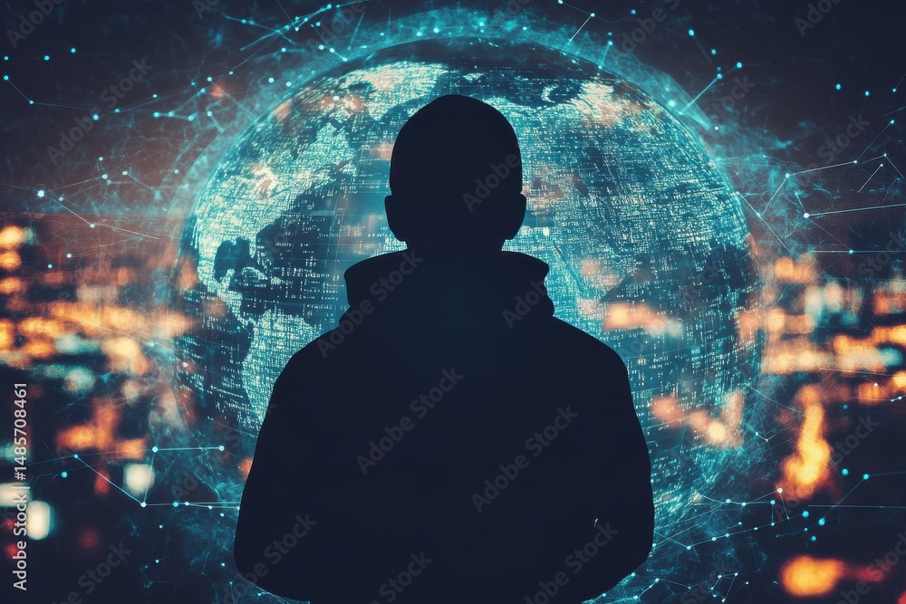 Aufkleber global network digital world person silhouette technology background data code cyber space image