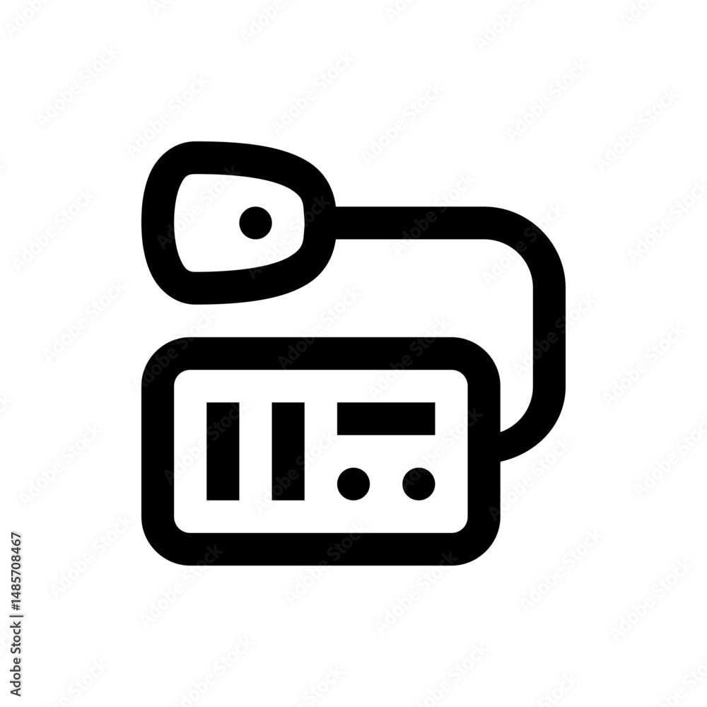 Poster illustration of a black video camera with a microphone and a rectangular screen displaying symbols 1