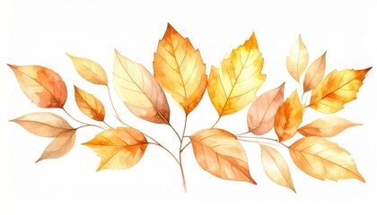 Watercolor painting of autumn leaves branch with golden and orange hues perfect for fall themed designs