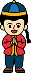 illustration of a chinese boy in traditional chinese clothing bowing