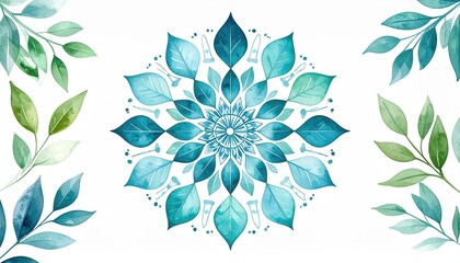 Serene Watercolor Mandala Design with Teal and Green Leaves Perfect for Relaxation and Wellness