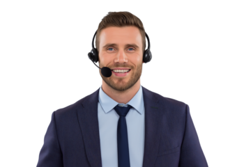 Handsome businessman wearing headset and smiling isolated on white background