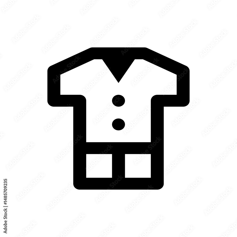 Poster a stylized black and white icon of a collared shirt with two buttons and two pockets in a simple des
