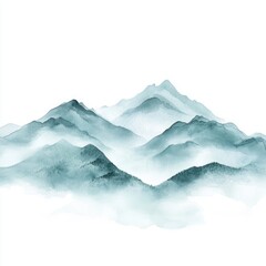 Misty mountain range, painted in soft teal and grey hues, evoking a sense of tranquility and vastness.  Soft, diffused forms with hazy mountain peaks, suggesting a misty atmosphere