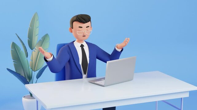 Angry, stressed business man doing meditation, trying to calm down and relax. 3d render character animation. Deep breath, yoga practice. Guy takes break from work