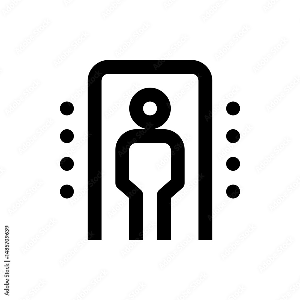 Poster illustration of a person standing in a security scanner with multiple dots on each side in black col