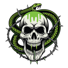 A detailed close-up of a venomous snake skull, fangs prominent, venom dripping, intricately wrapped in vines.