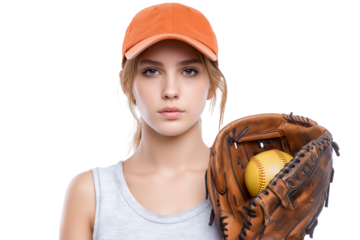 young woman wearing baseball cap holding mitt and baseball isolated on white background