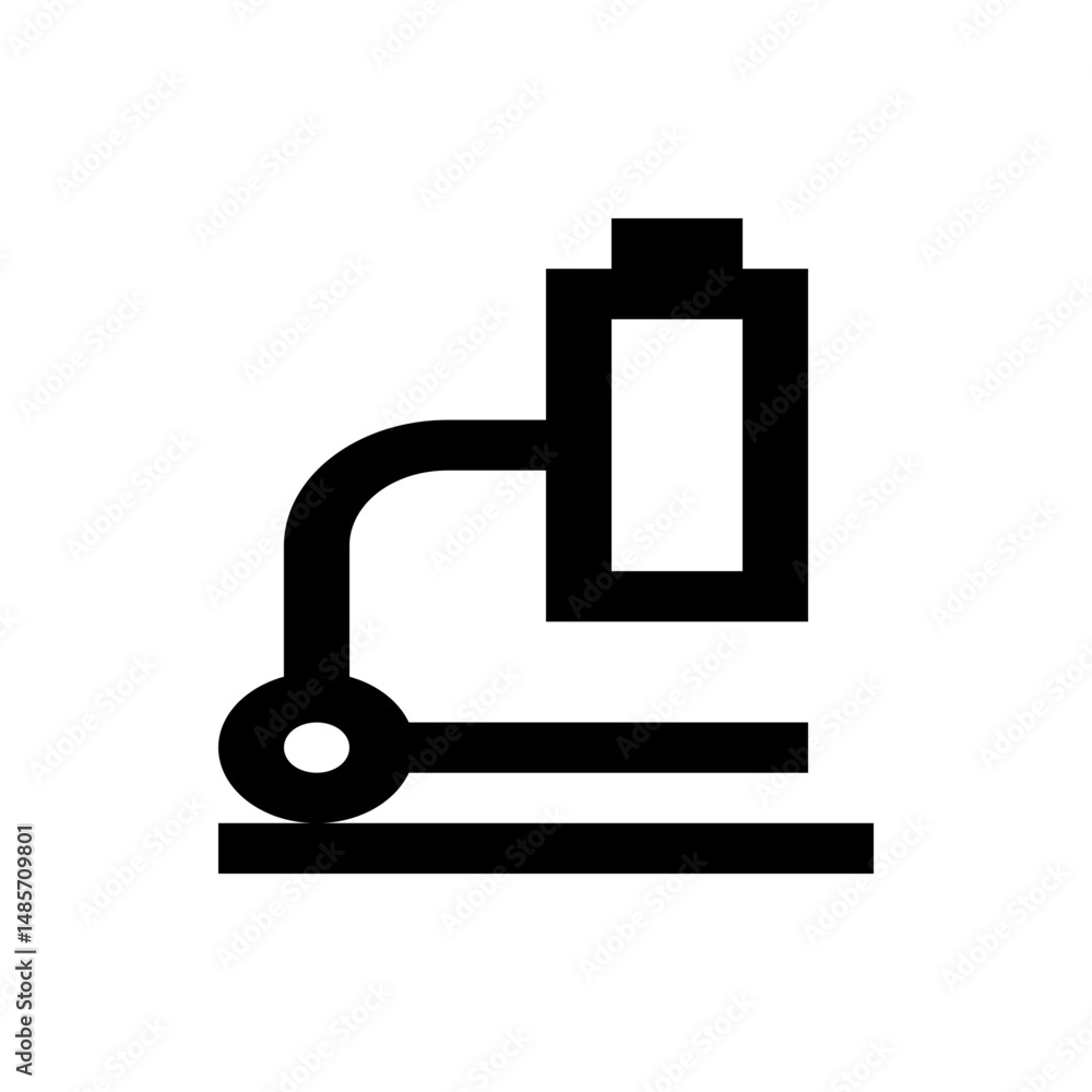Poster illustration of a simplistic microscope with a rectangular lens and a circular adjustment knob desig