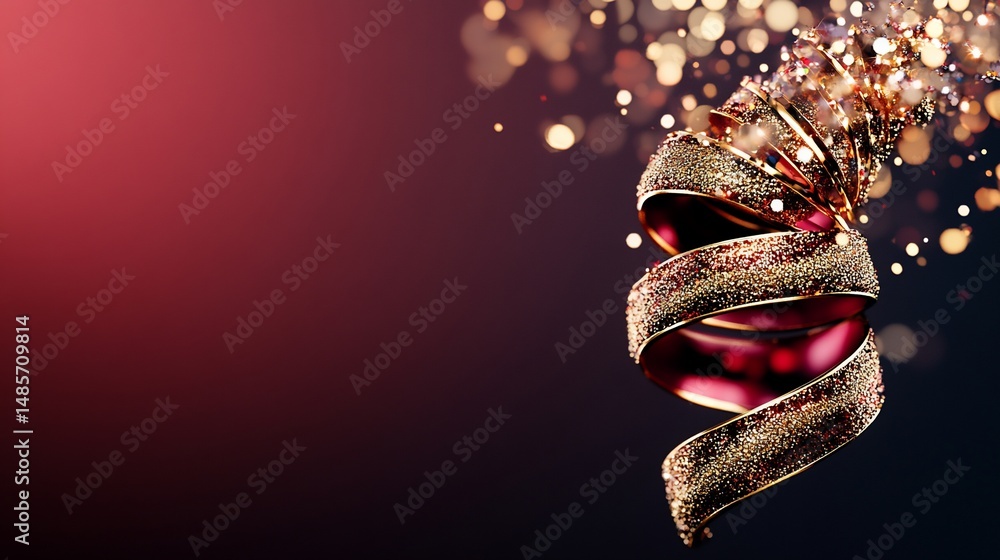 Poster festive ribbon swirl with bokeh lights on a dark red gradient background