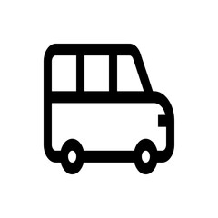 Illustration of a black outlined van with three windows and two wheels on a white background design icon