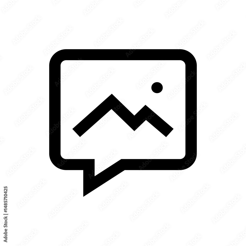 Poster image of a speech bubble containing a landscape with mountains and a sun represented by a circle in 