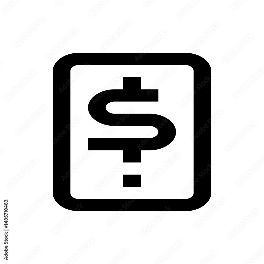 Poster illustration of a dollar sign inside a rounded rectangle with a small square below it in black and w