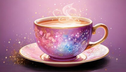 Fototapeta premium A beautifully decorated, magical teacup with sparkling details and steam rising, set against a purple background.